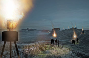 Artist's impression of what Hadrian's Wall will look like on 13 March 2010 as the beacons are lit.